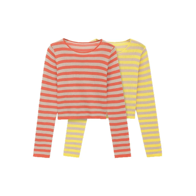 Damen Gestreifter Cropped-Feinstrickpullover mit U-Boot-Ausschnitt Drune