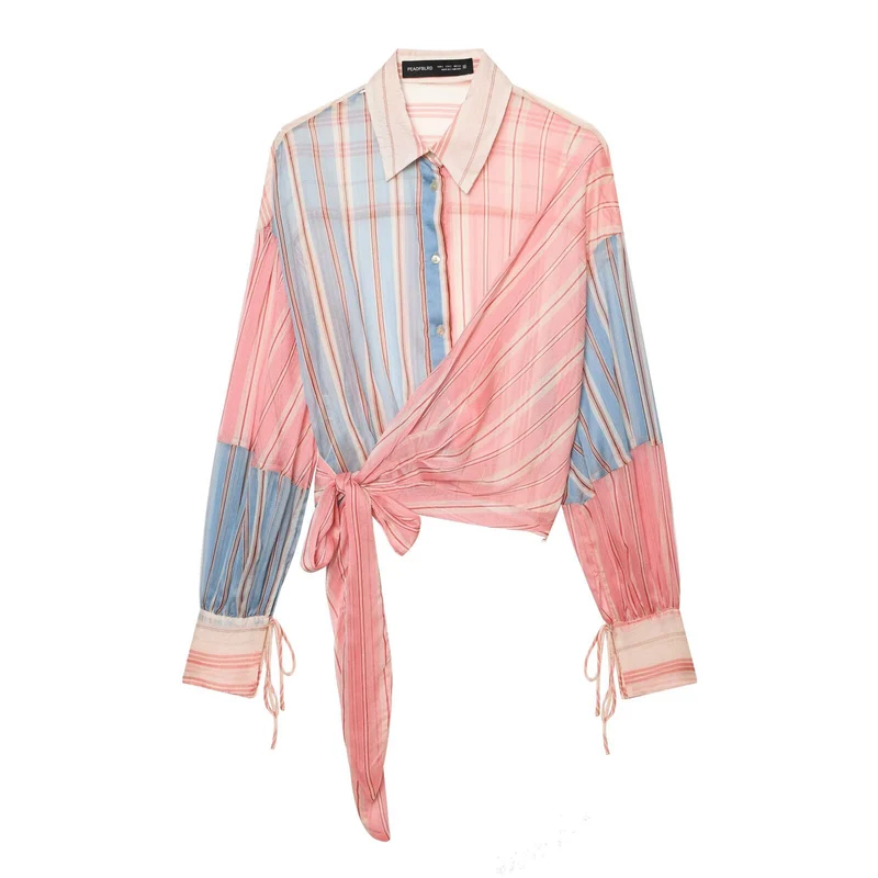 Damen Gestreifte Wickelbluse mit Knotenfront, Ballonärmeln und Hemdkragen Drune