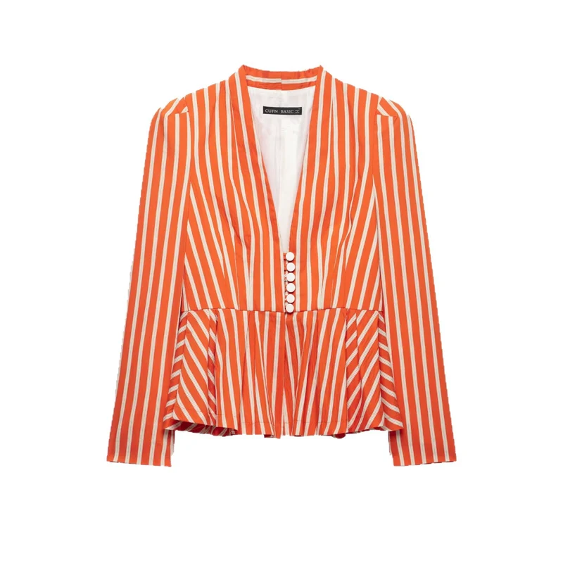 Damen Gestreifte taillierte Peplum‑Jacke mit V‑Ausschnitt und Zierknöpfen Drune