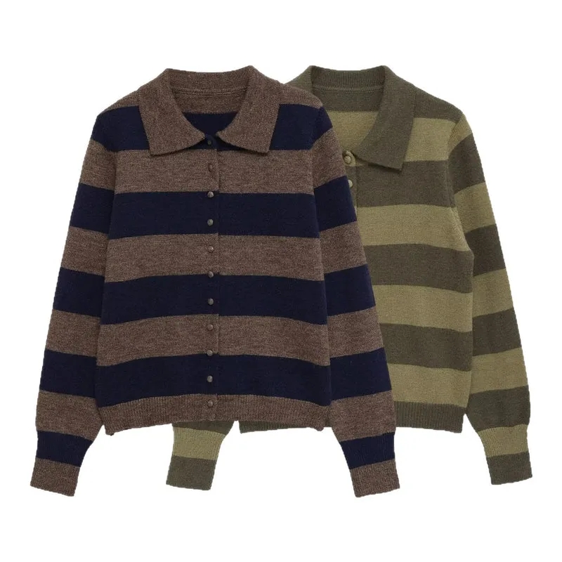 Damen Gestreifte Strickjacke mit Polokragen, Knopfleiste und kurzem Boxy‑Schnitt Drune