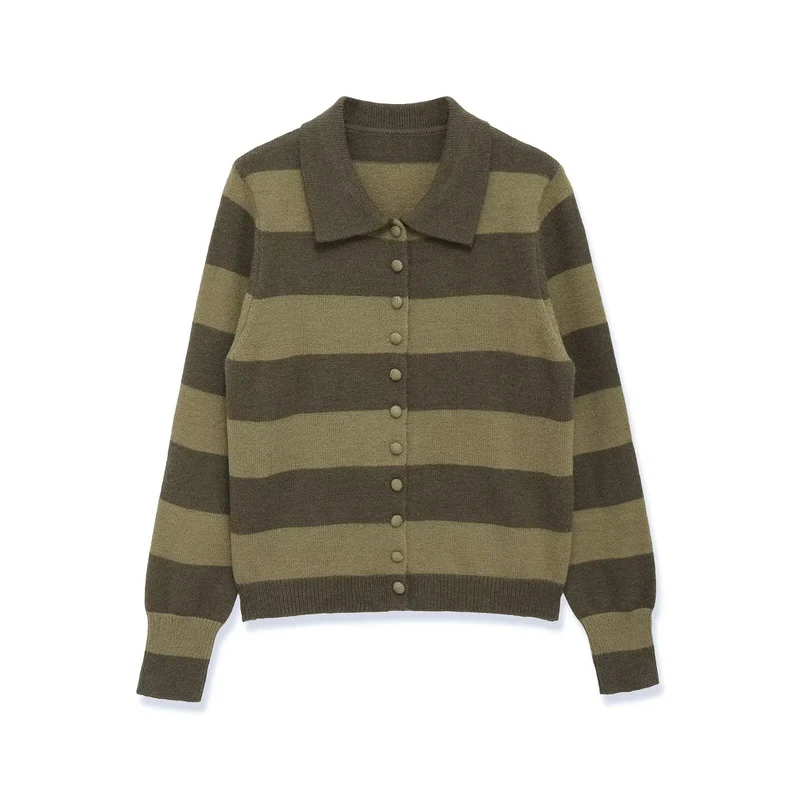 Damen Gestreifte Strickjacke mit Polokragen, Knopfleiste und kurzem Boxy‑Schnitt Drune