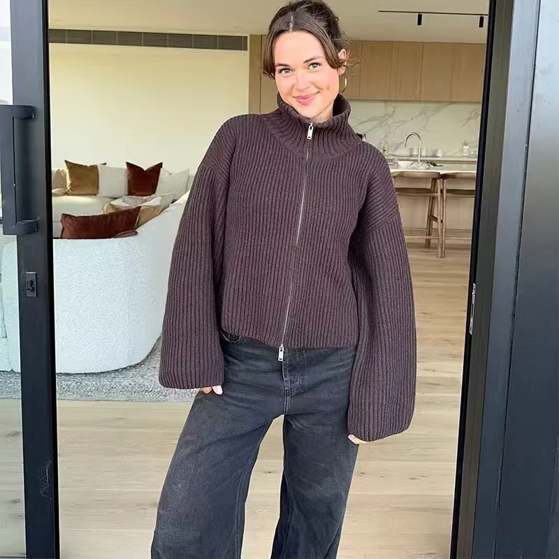 Damen Gestreifte Strick‑Zipjacke im Cropped‑Boxy‑Schnitt mit Hemdkragen Drune