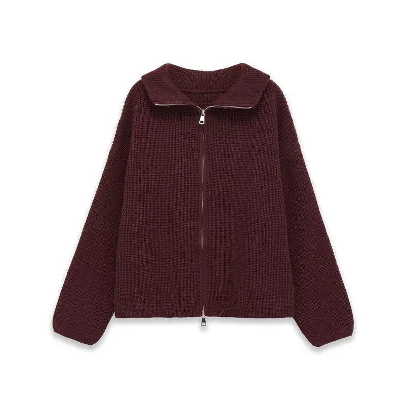 Damen Gestreifte Strick‑Zipjacke im Cropped‑Boxy‑Schnitt mit Hemdkragen Drune