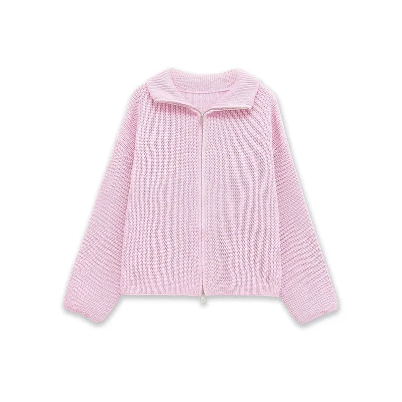 Damen Gestreifte Strick‑Zipjacke im Cropped‑Boxy‑Schnitt mit Hemdkragen Drune
