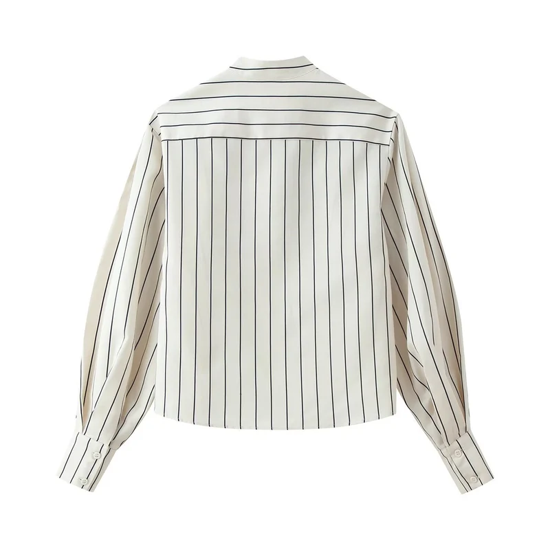 Damen Gestreifte Standkragen‑Bluse mit verdeckter Knopfleiste und Ballonärmeln Drune