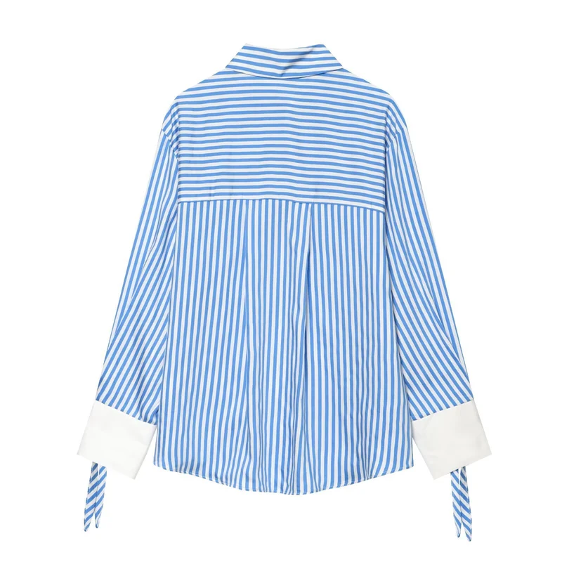 Damen Gestreifte Oversize‑Bluse mit langen Ärmeln, Schmuckmanschetten und Bindebändern Drune