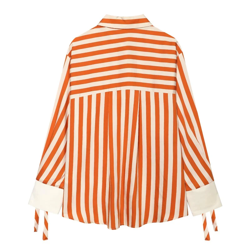 Damen Gestreifte Oversize‑Bluse mit langen Ärmeln, Schmuckmanschetten und Bindebändern Drune