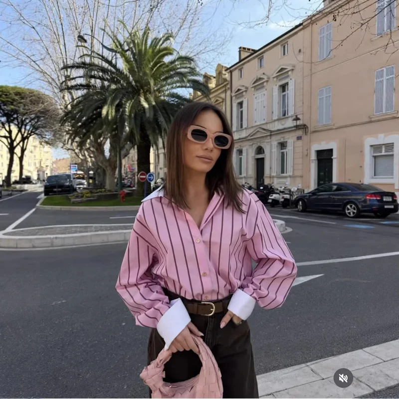 Damen Gestreifte Oversize-Bluse mit kontrastkragen und Manschetten Drune