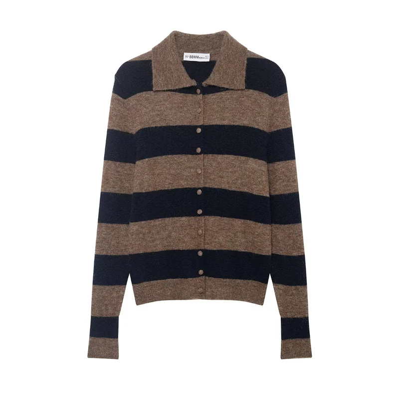 Damen gestreifte kuschelige Strickjacke mit Hemdkragen und durchgehender Knopfleiste Drune