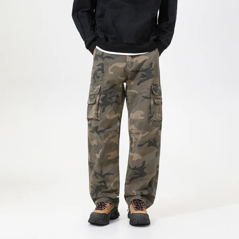 Herren Cargo-Hose mit Camouflage-Muster, Relaxed-Fit, Mehrfach-Taschen und Kordelzug am Saum Drune