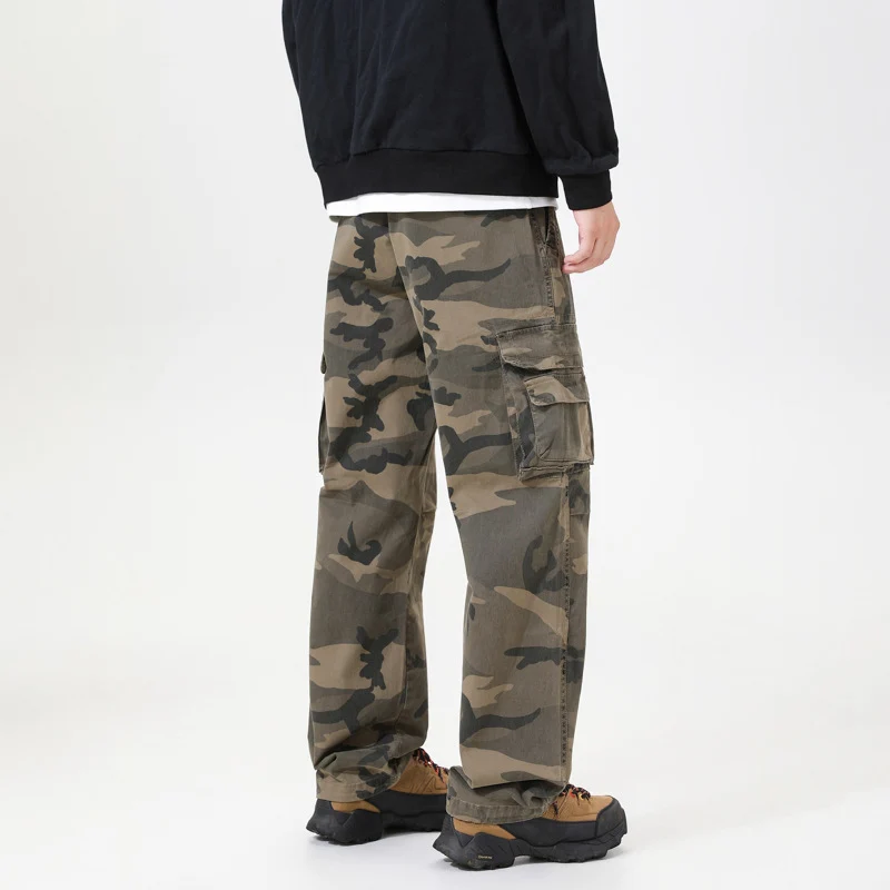 Herren Cargo-Hose mit Camouflage-Muster, Relaxed-Fit, Mehrfach-Taschen und Kordelzug am Saum Drune
