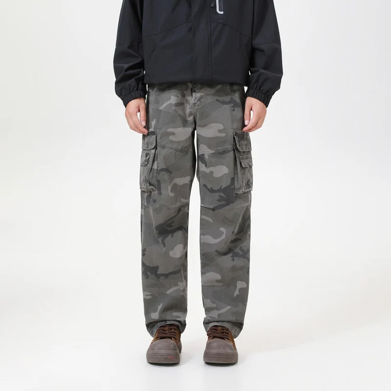 Herren Cargo-Hose mit Camouflage-Muster, Relaxed-Fit, Mehrfach-Taschen und Kordelzug am Saum Drune