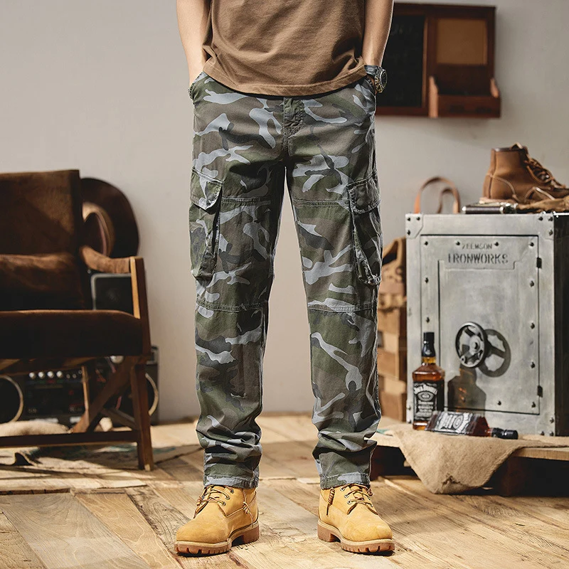 Herren Camouflage-Utility-Cargohose mit Mehrfachklappentaschen, Kniepaneelen und Kordelabschluss Drune