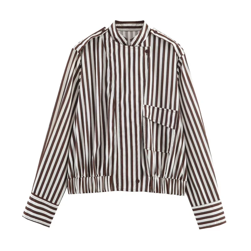 Damen Gestreifte Cropped‑Hemdblusen‑Jacke mit Stehkragen, asymmetrischer Klappentasche und elastischem Saum Drune