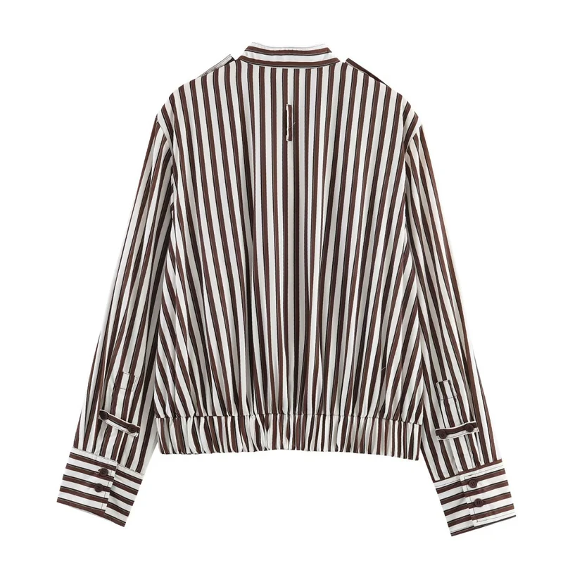 Damen Gestreifte Cropped‑Hemdblusen‑Jacke mit Stehkragen, asymmetrischer Klappentasche und elastischem Saum Drune