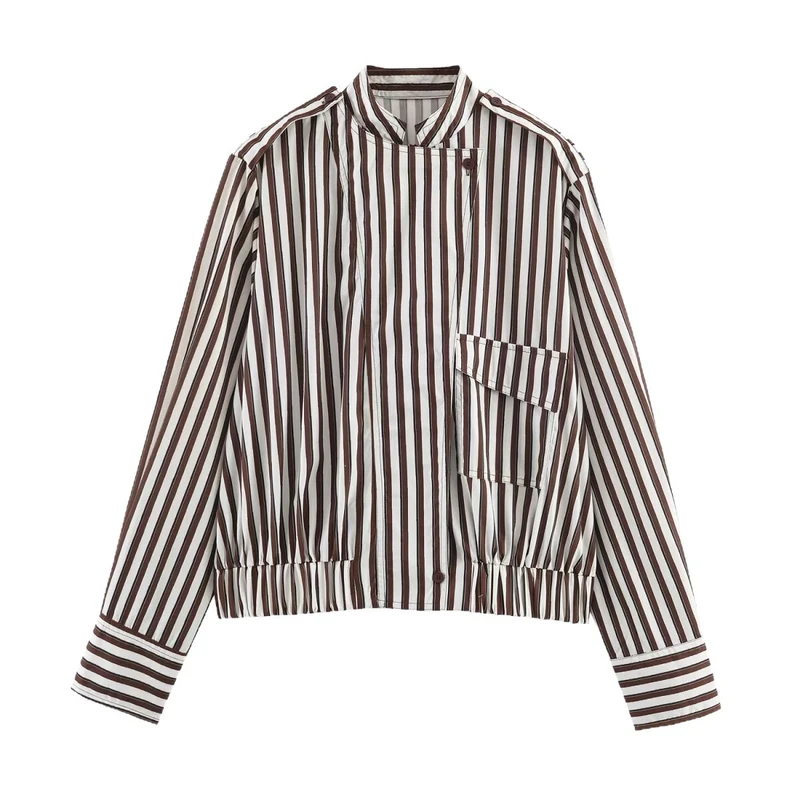 Damen Gestreifte Cropped‑Hemdblusen‑Jacke mit Stehkragen, asymmetrischer Klappentasche und elastischem Saum Drune