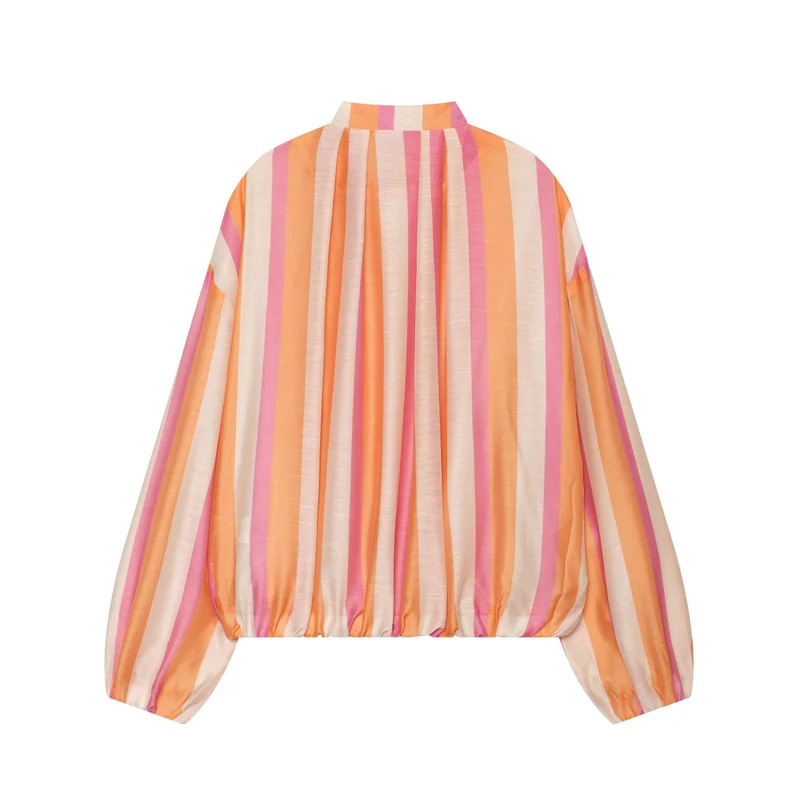 Damen Gestreifte Cropped‑Bomberjacke mit Stehkragen, Ballonärmeln und Gummibund Drune