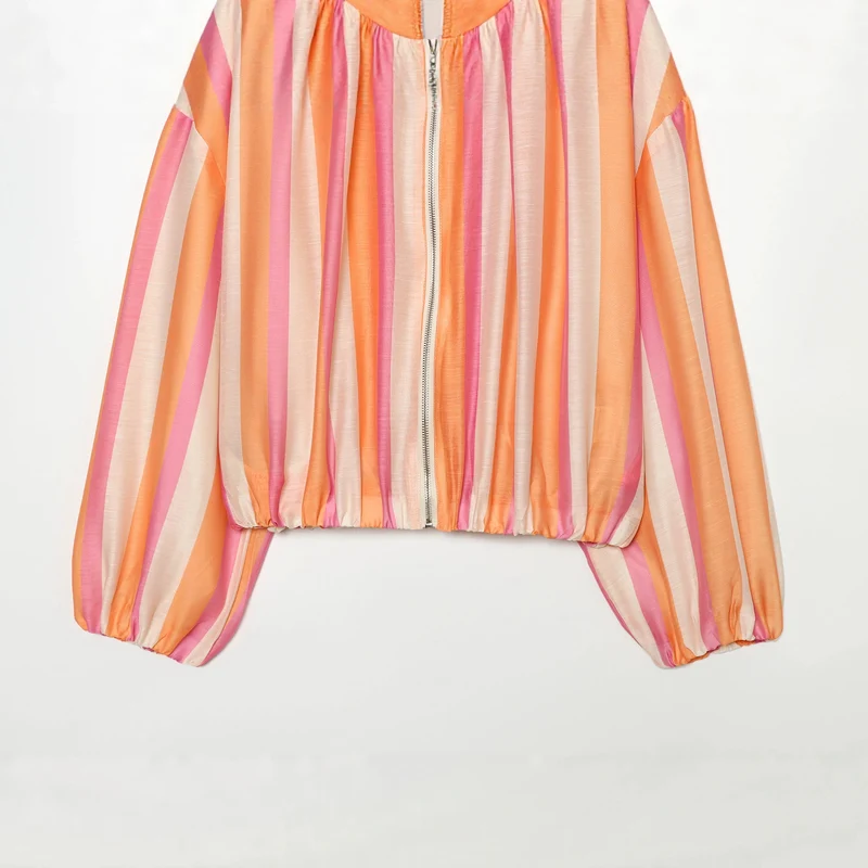 Damen Gestreifte Cropped‑Bomberjacke mit Stehkragen, Ballonärmeln und Gummibund Drune