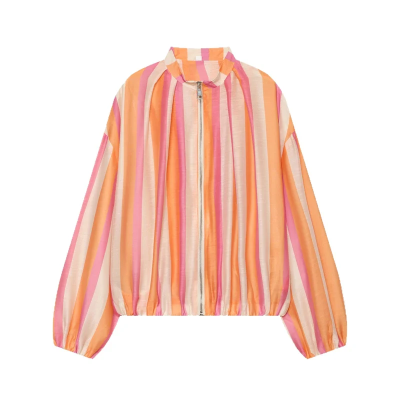 Damen Gestreifte Cropped‑Bomberjacke mit Stehkragen, Ballonärmeln und Gummibund Drune