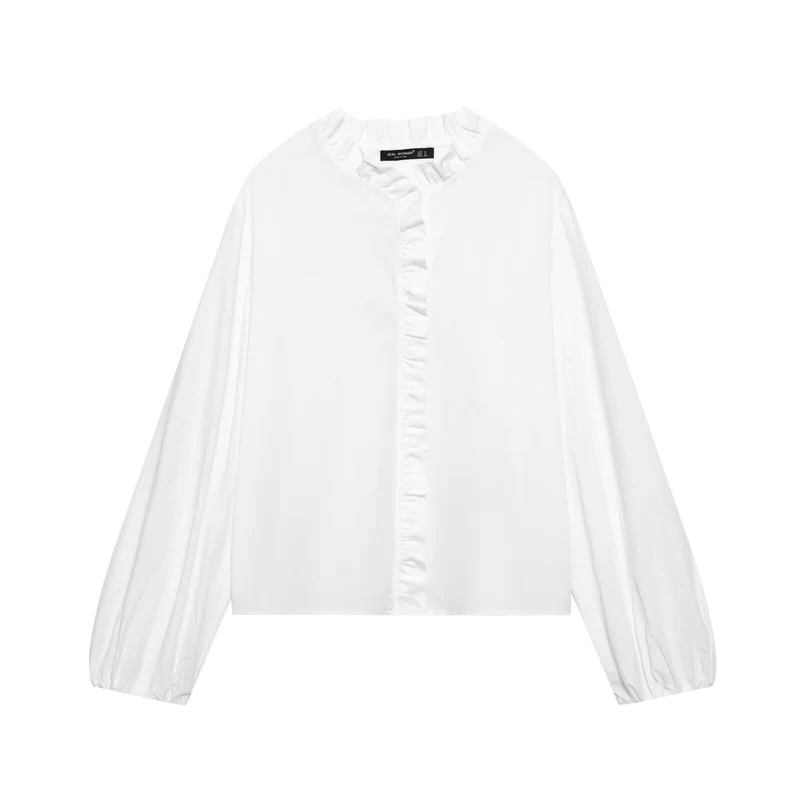 Damen Gestreifte Cropped-Bluse mit Rüschendetail und Ballonärmeln Drune