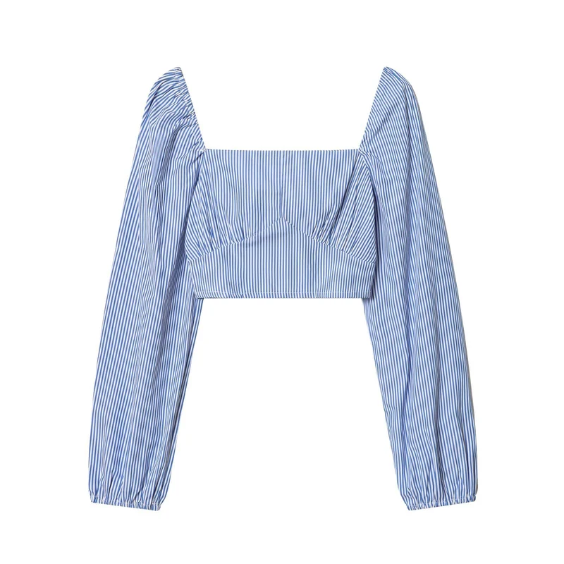 Damen Gestreifte Cropped‑Bluse mit quadratischem Ausschnitt und weiten Ballonärmeln Drune