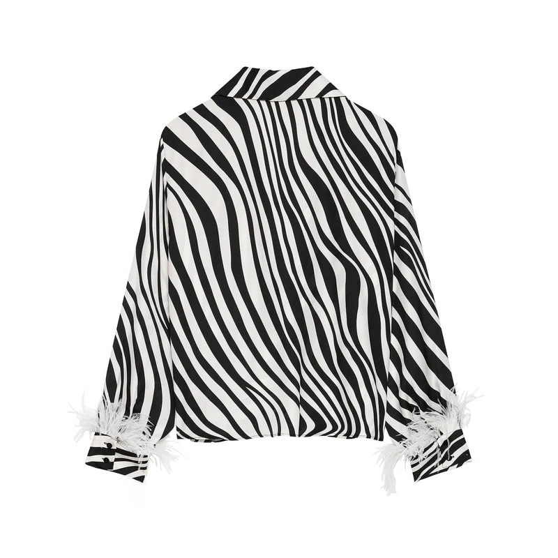 Damen Gestreifte Cropped-Bluse im Hemdstyle mit Federbesatz Drune