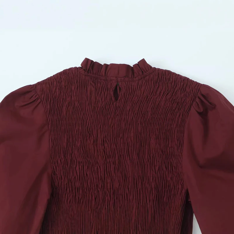 Damen Gesmokte Bluse mit Rüschenkragen und Volant-Peplum Drune
