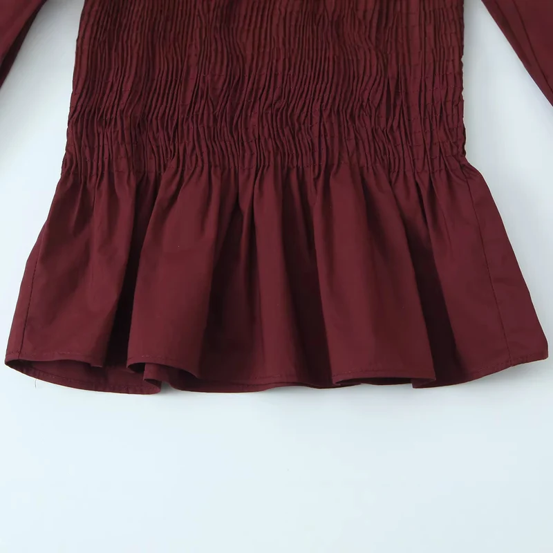 Damen Gesmokte Bluse mit Rüschenkragen und Volant-Peplum Drune
