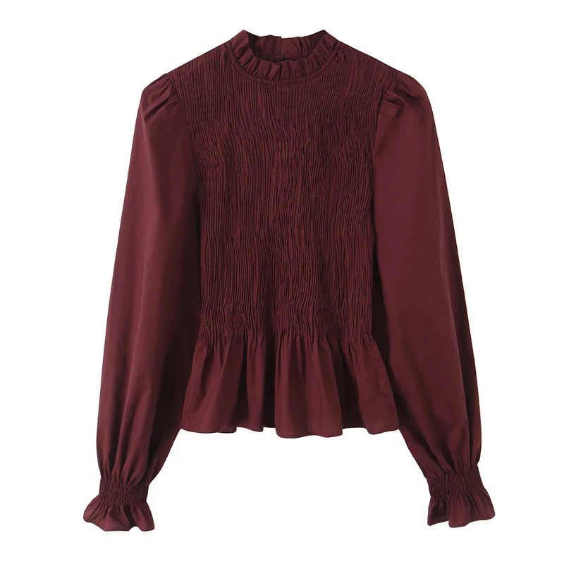 Damen Gesmokte Bluse mit Rüschenkragen und Volant-Peplum Drune