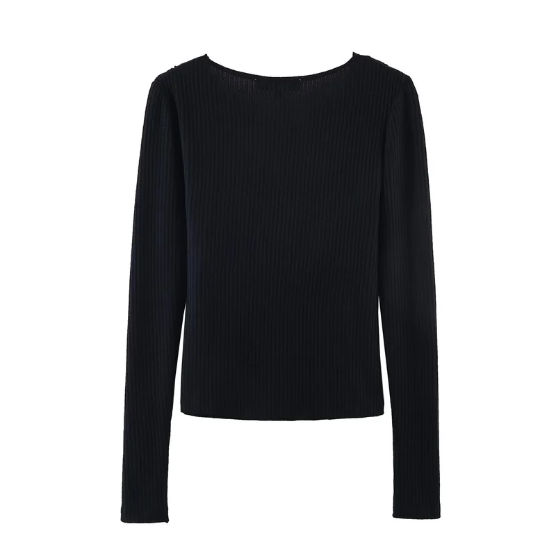 Damen Geripptes Cropped-Langarmtop mit Spitzen-V-Ausschnitt und Bindeband Drune