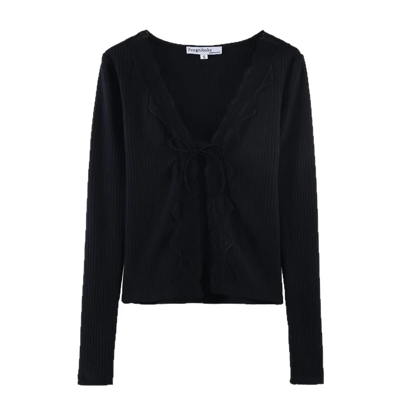 Damen Geripptes Cropped-Langarmtop mit Spitzen-V-Ausschnitt und Bindeband Drune