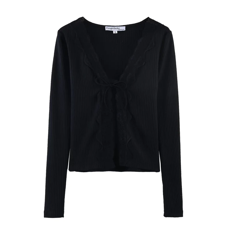 Damen Geripptes Cropped-Langarmtop mit Spitzen-V-Ausschnitt und Bindeband Drune
