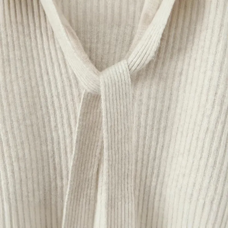 Damen Gerippter Strickzweiteiler mit weitem V-Ausschnitt, langem Schal und Palazzo-Hose Drune