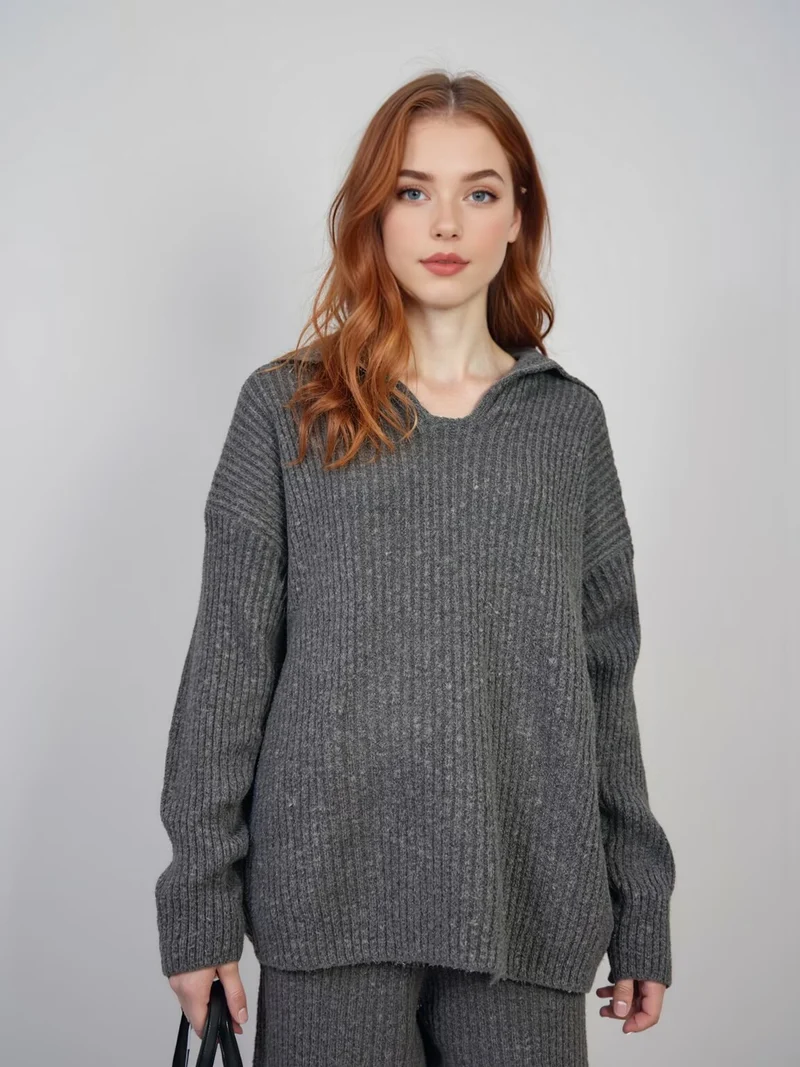 Damen Gerippter Strickzweiteiler mit weitem V-Ausschnitt, langem Schal und Palazzo-Hose Drune