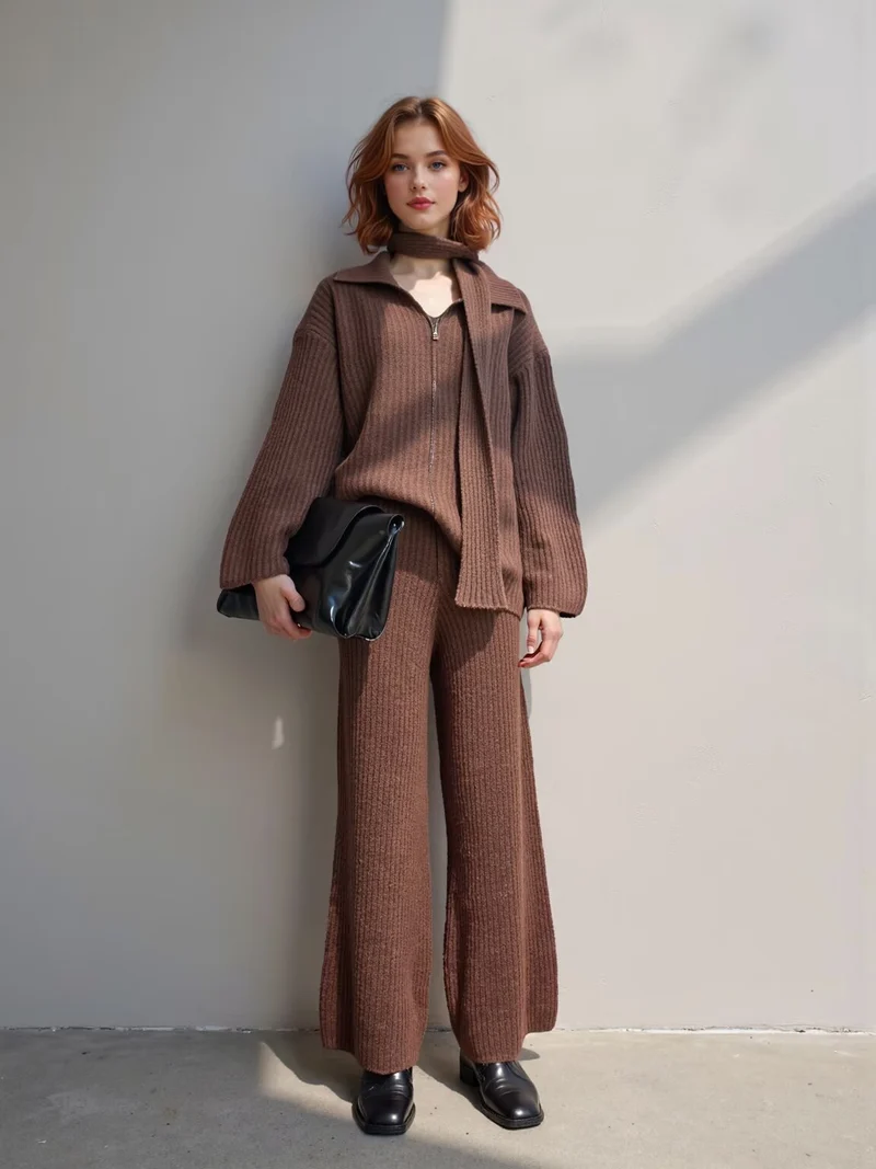 Damen Gerippter Strickzweiteiler mit weitem V-Ausschnitt, langem Schal und Palazzo-Hose Drune