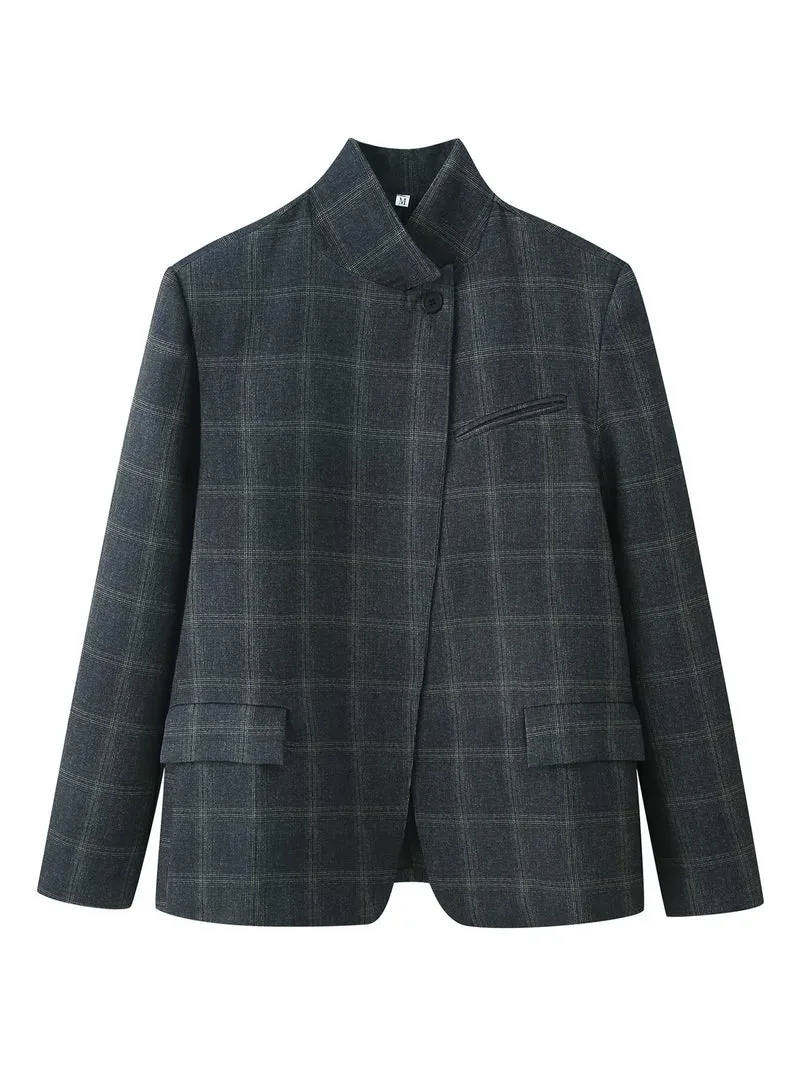 Damen Gerade geschnittener Glencheck-Blazer mit Stehkragen und Pattentaschen Drune