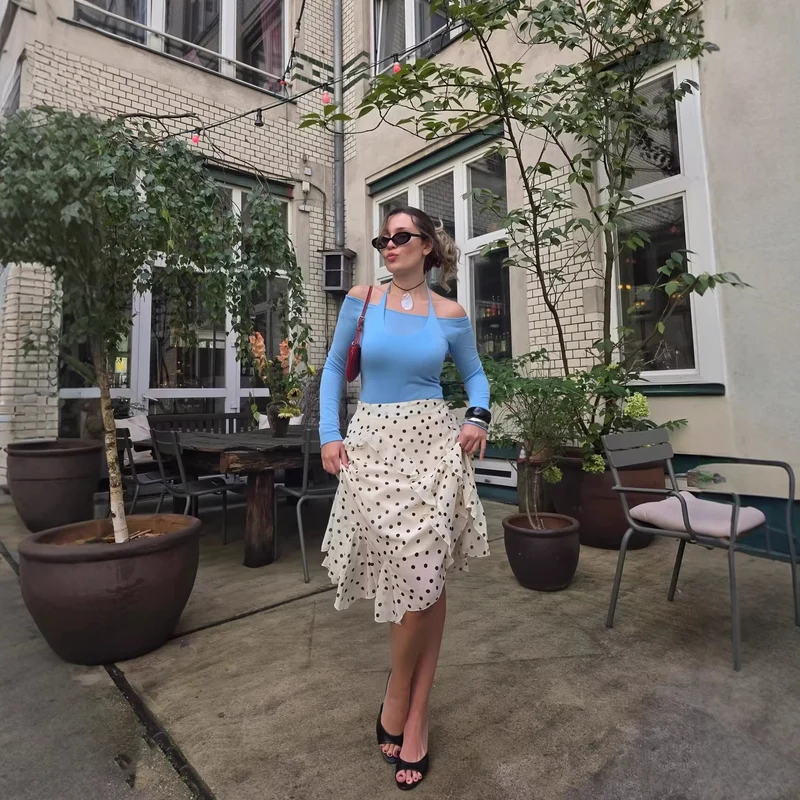 Damen Gepunkteter Chiffon-Volant‑Midirock mit Wickeloptik und asymmetrischem Saum Drune