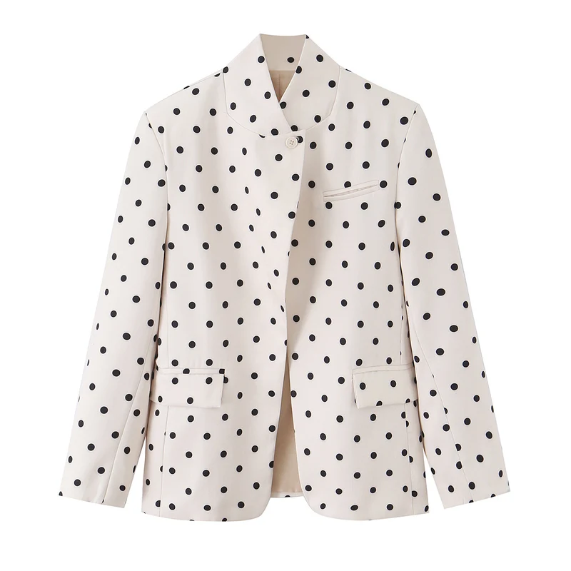 Damen Gepunkteter Boxy‑Blazer mit Stehkragen und Pattentaschen Drune