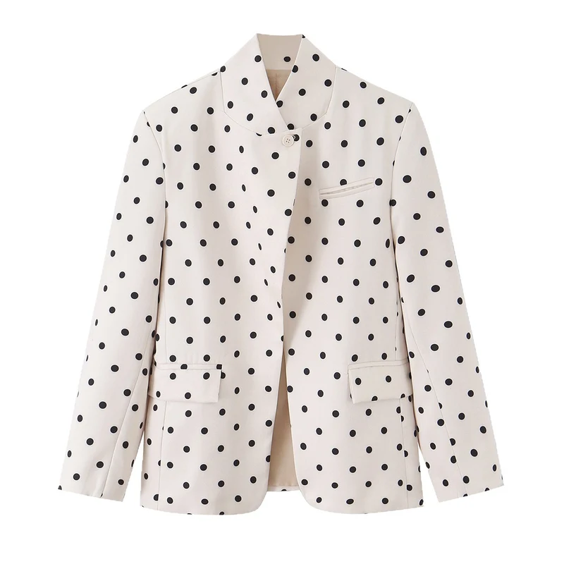 Damen Gepunkteter Boxy‑Blazer mit Stehkragen und Pattentaschen Drune