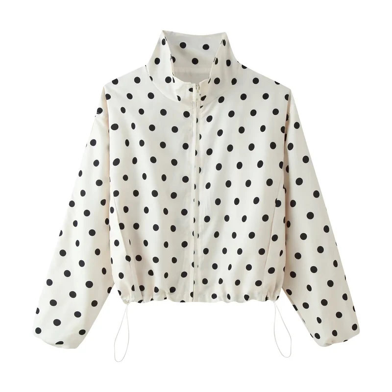 Damen Gepunktete Cropped-Übergangsjacke mit Stehkragen, Tunnelzug und Reißverschluss Drune