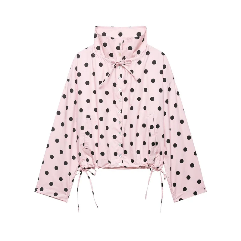 Damen Gepunktete Cropped-Übergangsjacke mit hohem Stehkragen, Tunnelzug und Oversize-Ärmeln Drune