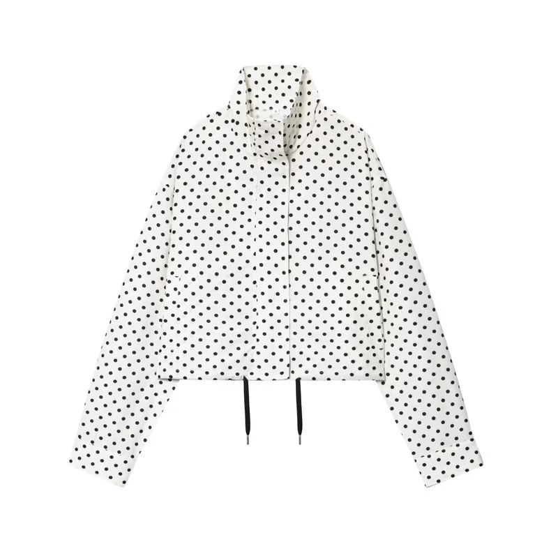 Damen Gepunktete Cropped-Übergangsjacke mit Funnelkragen und Tunnelzug Drune