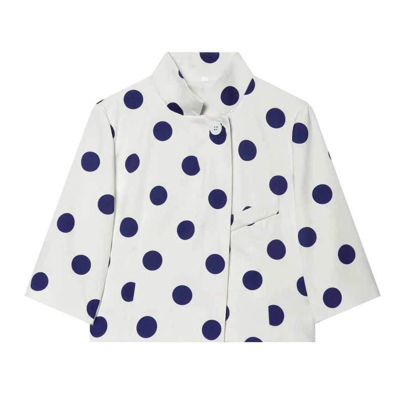 Damen Gepunktete Cropped-Boxy-Jacke mit Stehkragen und Dreiviertelärmeln Drune