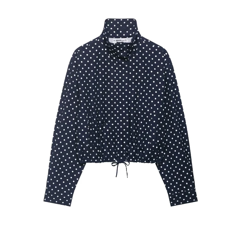 Damen Gepunktete Cropped-Blusenjacke mit Stehkragen, Tunnelzug und Eingrifftaschen Drune