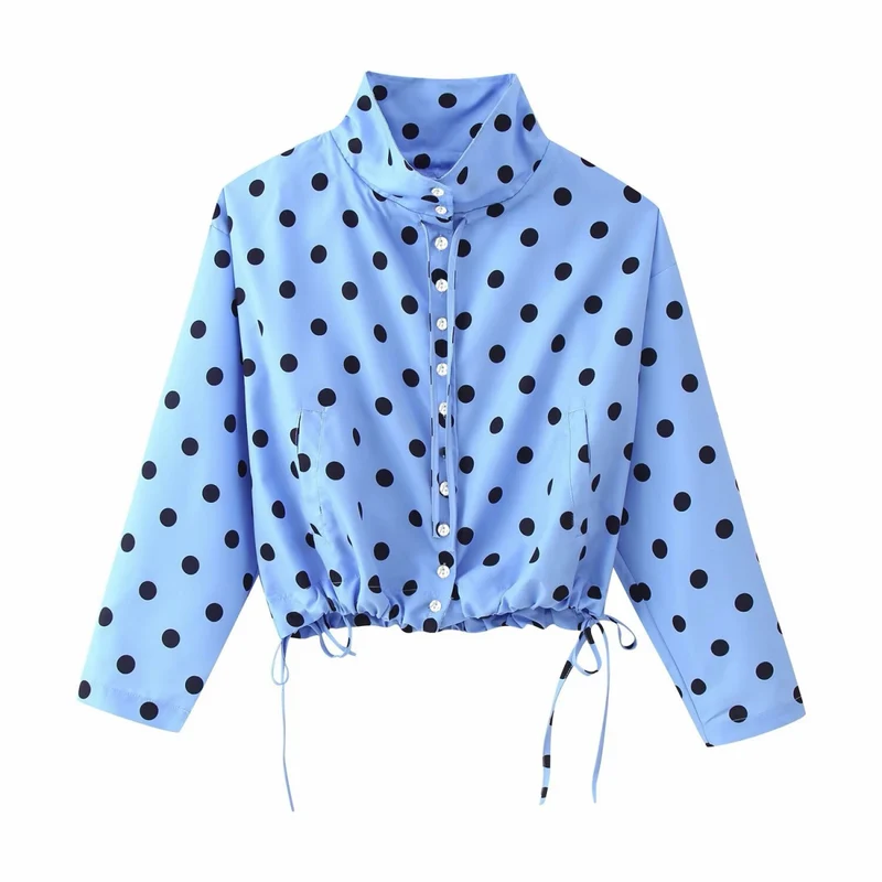 Damen Gepunktete Cropped-Bluse mit Stehkragen und Tunnelzugsaum Drune