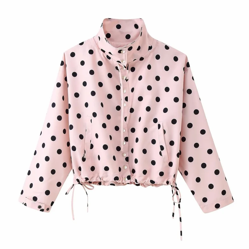Damen Gepunktete Cropped-Bluse mit Stehkragen und Tunnelzugsaum Drune
