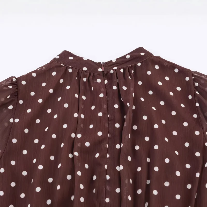 Damen Gepunktete Chiffonbluse mit Schluppe und Kunstfellbesatz Drune