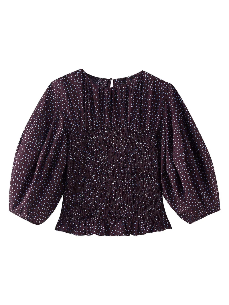 Damen Gepunktete Bluse mit Smok-Taille und Ballonärmeln Drune