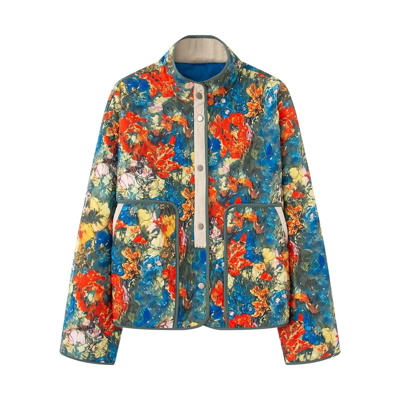 Damen Gepolsterte Steppjacke mit floralem Print, Stehkragen und Pattentaschen Drune