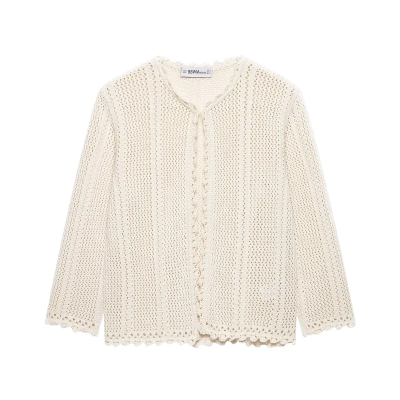 Damen Gehäkelte Kurzstrickjacke mit Scallop-Kante und Ajour‑Lochmuster Drune
